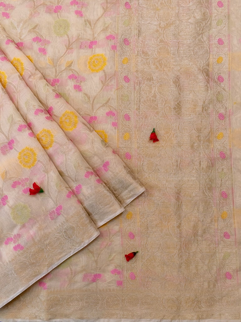 Banarasi Cotton Silk Resham & Zari Multi Coloured Jaal Weaving Saree-White
