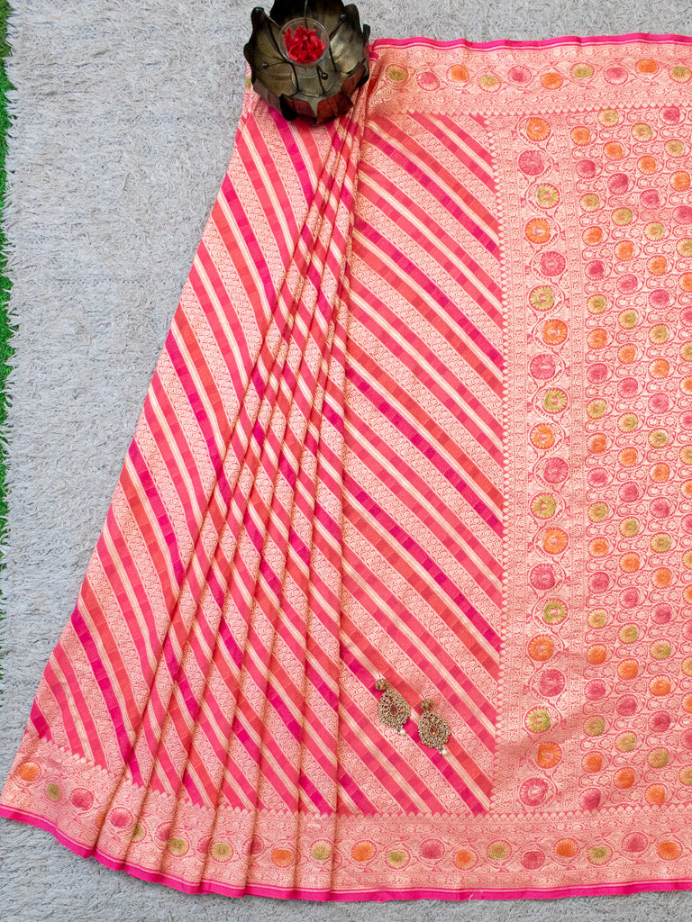 Banarasi Pure Khaddi Georgette Saree With Aada  Zari Weaving & Handpainted Border-Pink