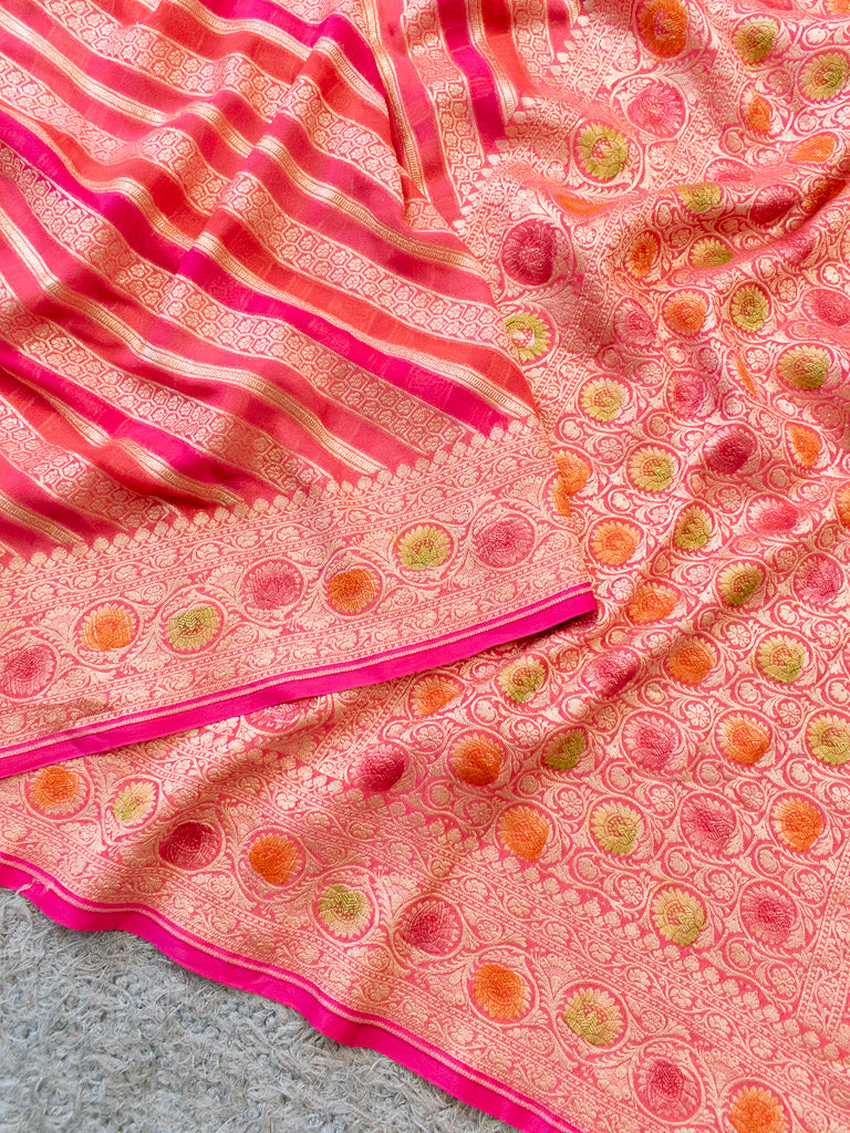 Banarasi Pure Khaddi Georgette Saree With Aada  Zari Weaving & Handpainted Border-Pink