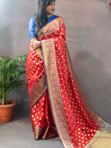 Banarasi Semi Silk Saree With Contrast Zari Buti Weaving Border-Red