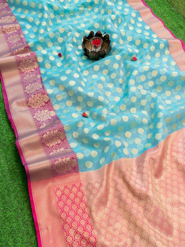 Banarasi Organza Mix Saree With Contrast Border-Blue