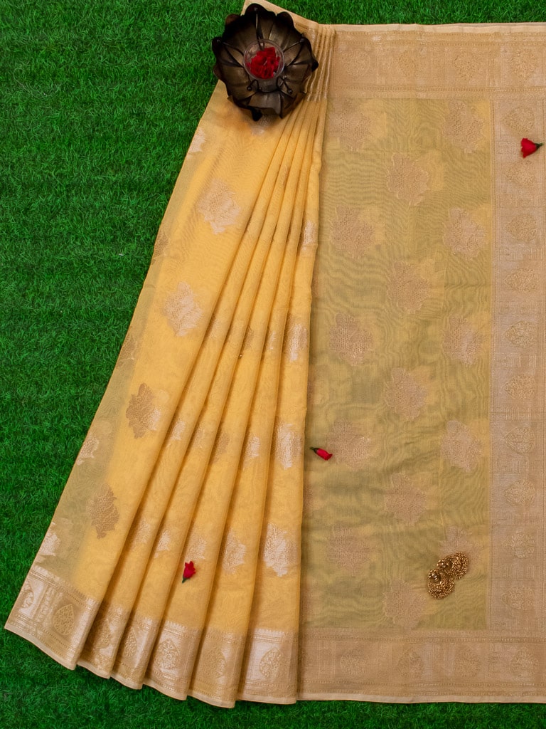 Banarasi Cotton Silk Resham Floral Weaving Saree-Yellow