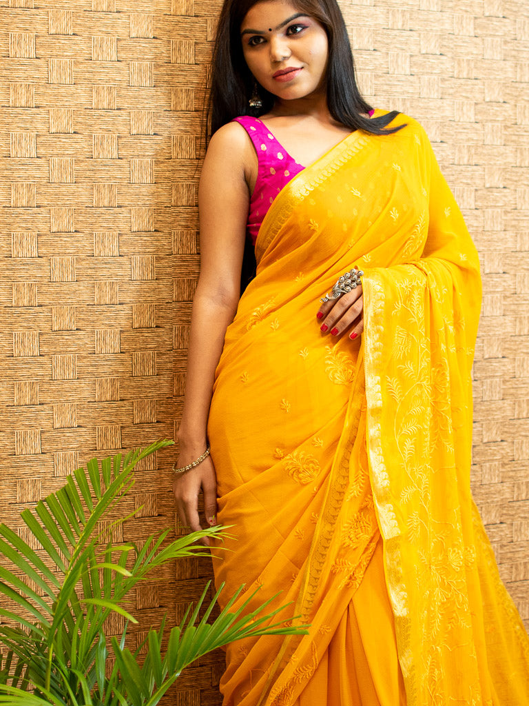 Banarasi Semi Chiffon Saree Gold Zari Buti Weaving & Thread Embroidery-Yellow