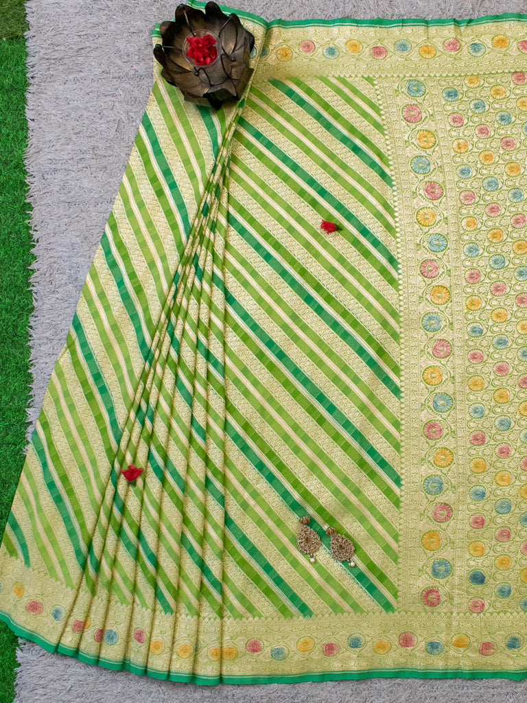 Banarasi Pure Khaddi Georgette Saree With Aada  Zari Weaving & Handpainted Border-Green