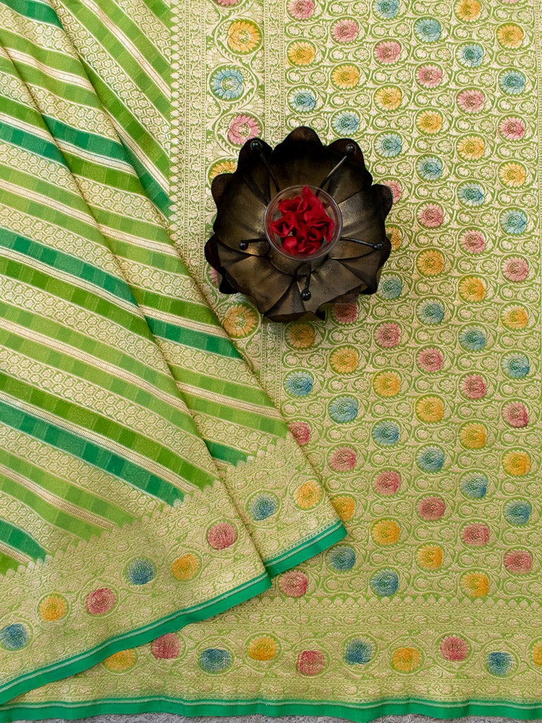 Banarasi Pure Khaddi Georgette Saree With Aada  Zari Weaving & Handpainted Border-Green