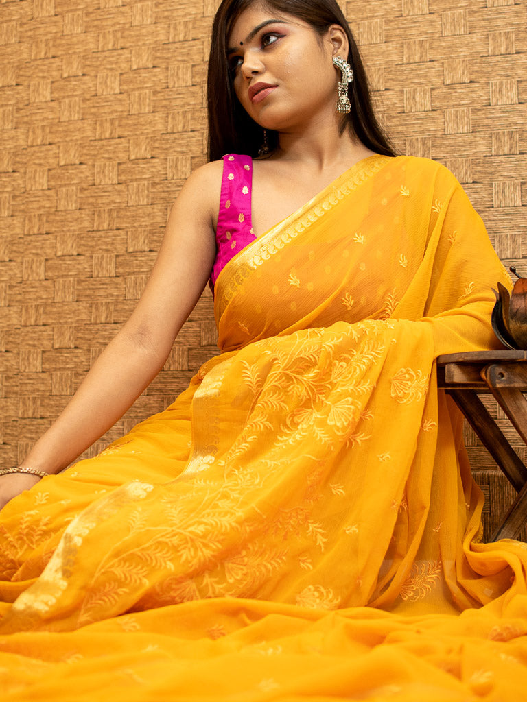 Banarasi Semi Chiffon Saree Gold Zari Buti Weaving & Thread Embroidery-Yellow