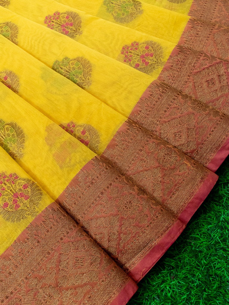 Banarasi Cotton Silk Resham Floral Meena Buta Weaving Saree & Contrast Border-Yellow