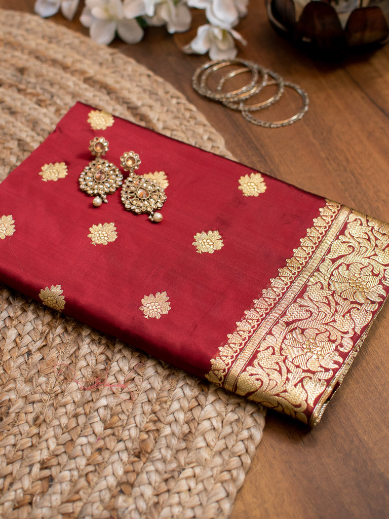 Banarasi Pure Katan Silk Saree With Zari Buti Weaving & Border-Deep Maroon