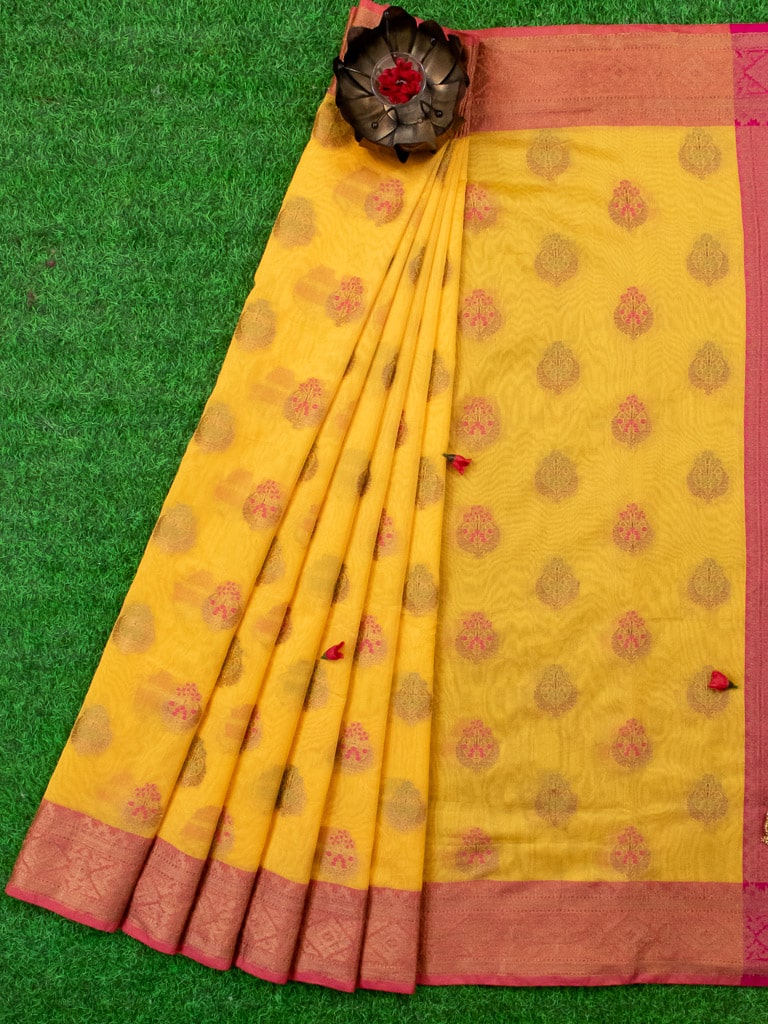 Banarasi Cotton Silk Resham Floral Meena Buta Weaving Saree & Contrast Border-Yellow