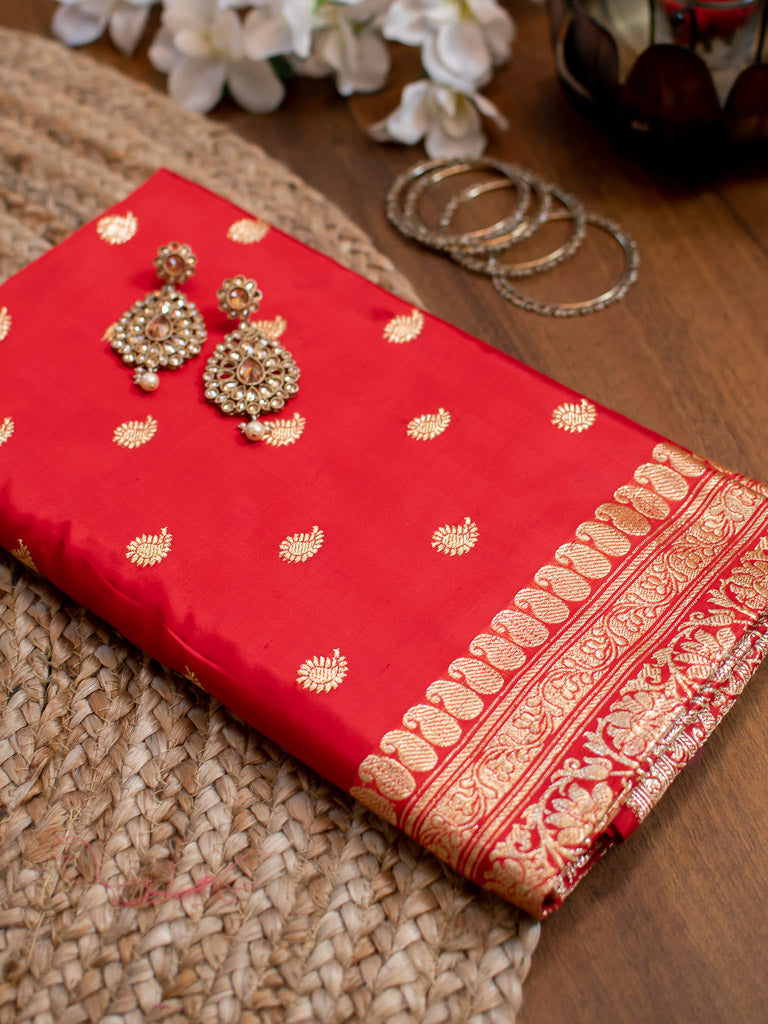 Banarasi Pure Katan Silk Saree With Paisley Buti Weaving & Border-Red