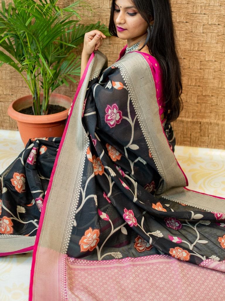 Banarasi Cotton Silk Resham & Zari Multi Jaal Weaving Saree-Black