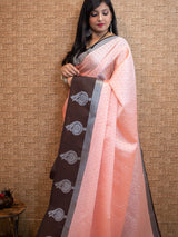 Banarasi Kora Muslin Saree With Tanchoi Weaving & Contrast  Border-Peach & Black