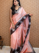 Banarasi Kora Muslin Saree With Tanchoi Weaving & Contrast  Border-Peach & Black