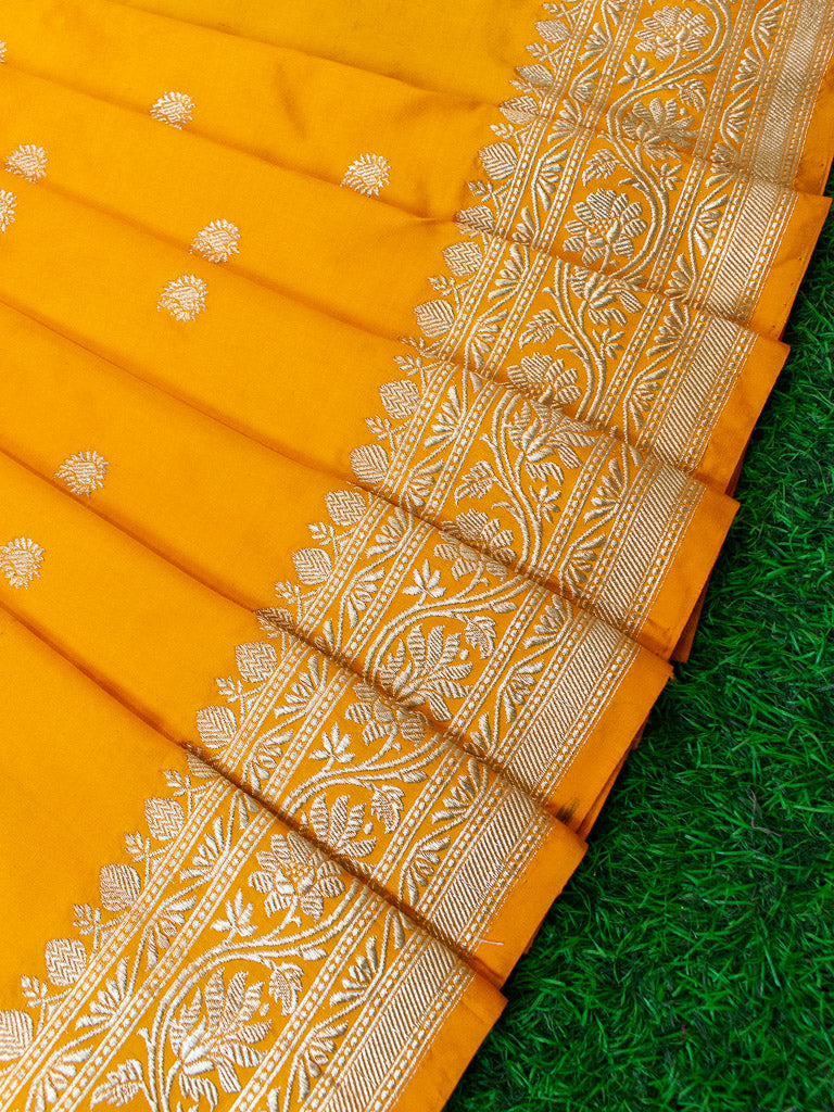 Banarasi Pure Katan Silk Saree With Zari Buti Weaving & Border-Yellow
