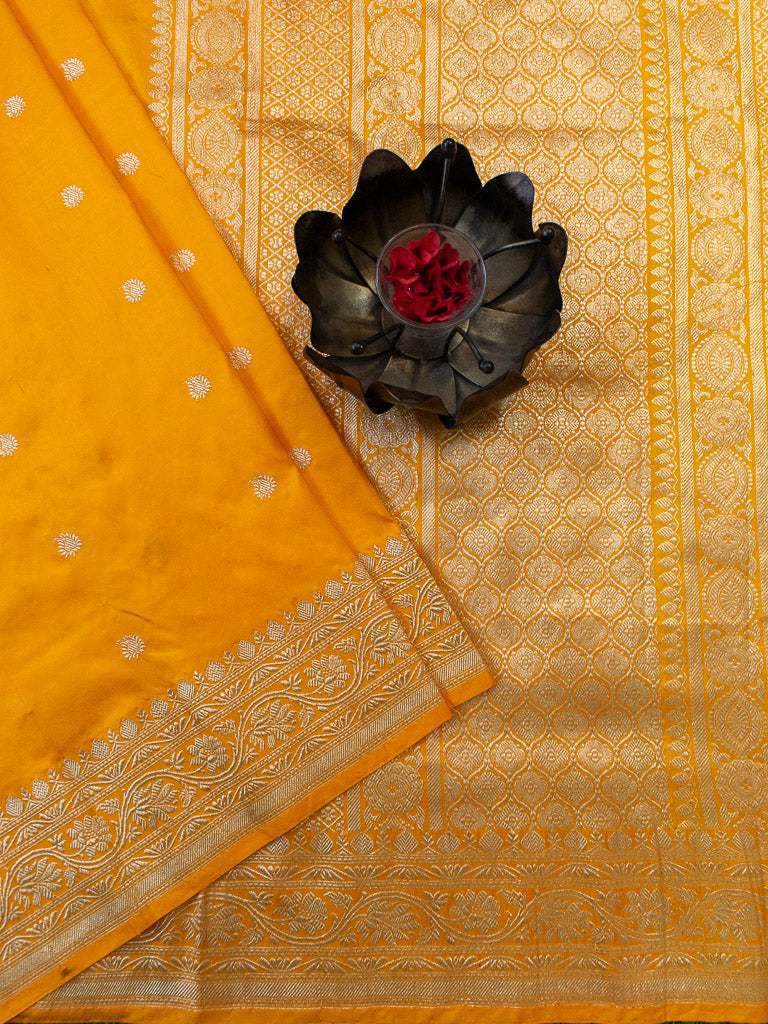 Banarasi Pure Katan Silk Saree With Zari Buti Weaving & Border-Yellow