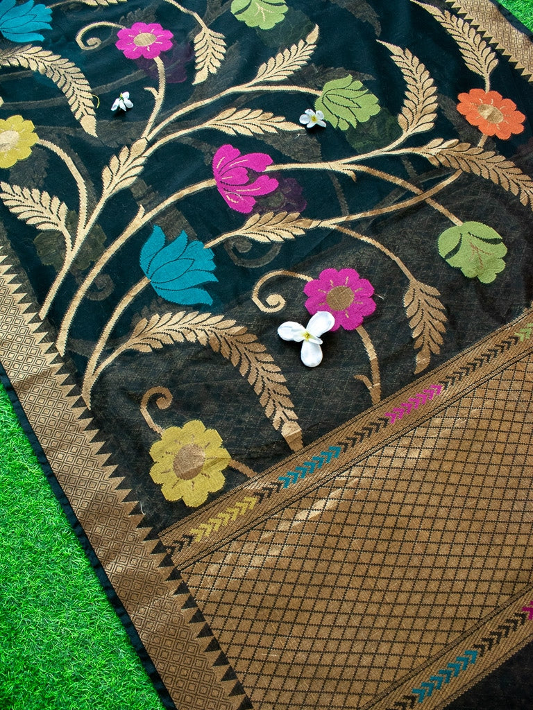 Banarasi Cotton Silk Saree With Jaal Zari & Meena Weaving Border-Black