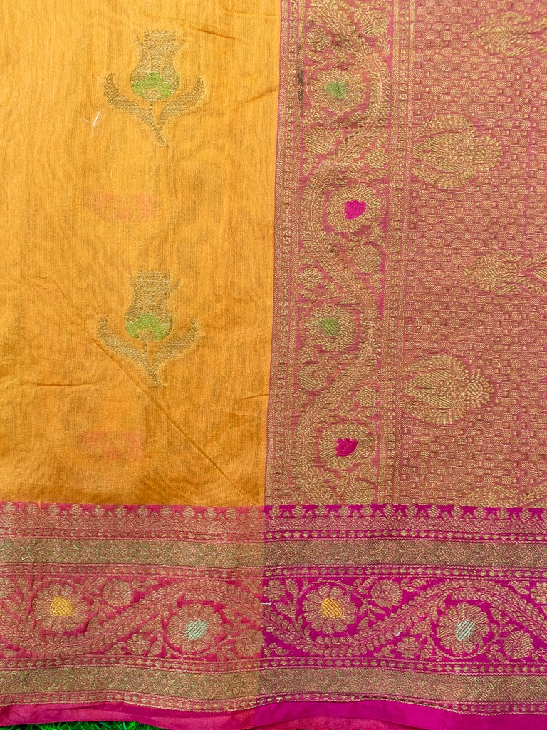 Banarasi Cotton Silk Resham & Meena Floral Weaving Saree & Contrast Border-Orange