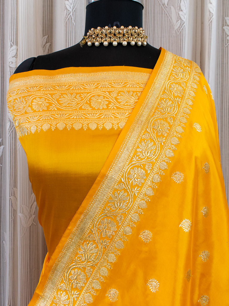 Banarasi Pure Katan Silk Saree With Zari Buti Weaving & Border-Yellow