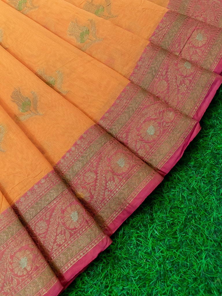 Banarasi Cotton Silk Resham & Meena Floral Weaving Saree & Contrast Border-Orange