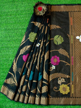 Banarasi Cotton Silk Saree With Jaal Zari & Meena Weaving Border-Black