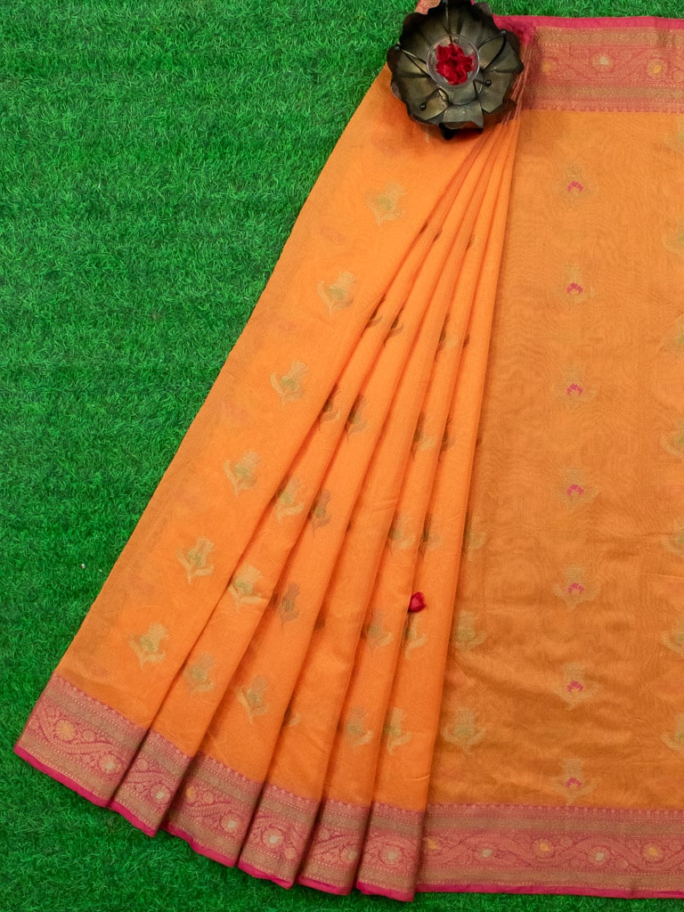 Banarasi Cotton Silk Resham & Meena Floral Weaving Saree & Contrast Border-Orange