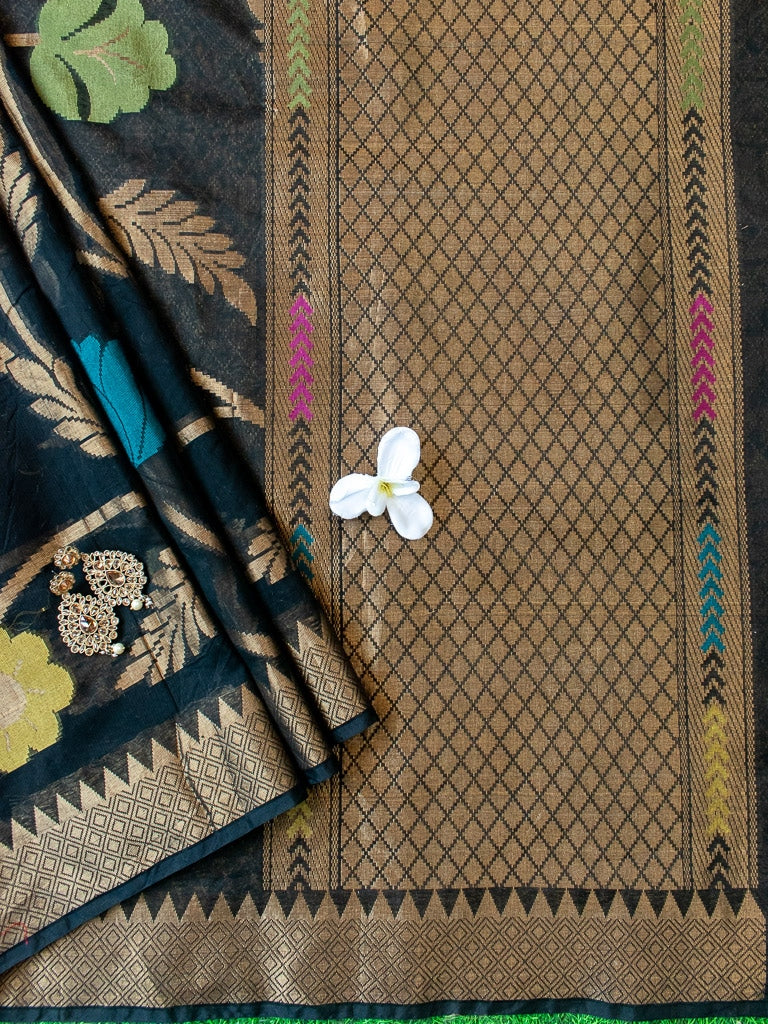 Banarasi Cotton Silk Saree With Jaal Zari & Meena Weaving Border-Black