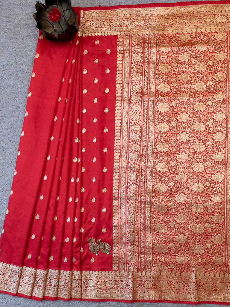 Banarasi Pure Katan Silk Saree With Paisley Buti Weaving & Border-Red
