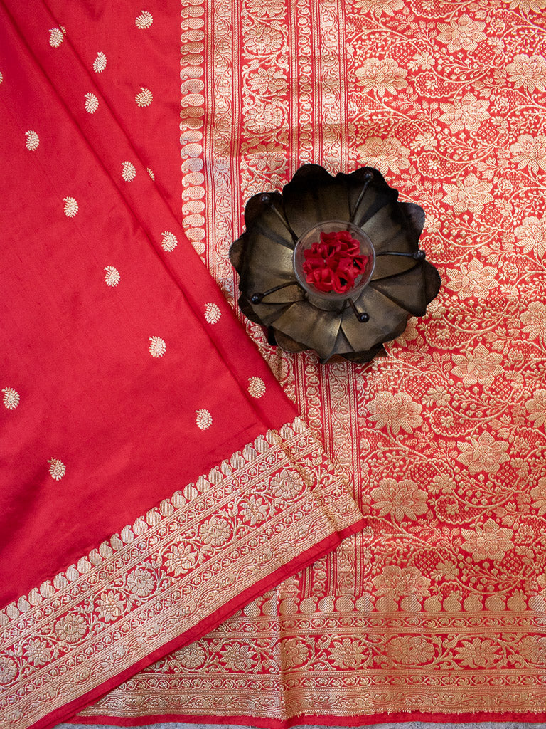 Banarasi Pure Katan Silk Saree With Paisley Buti Weaving & Border-Red
