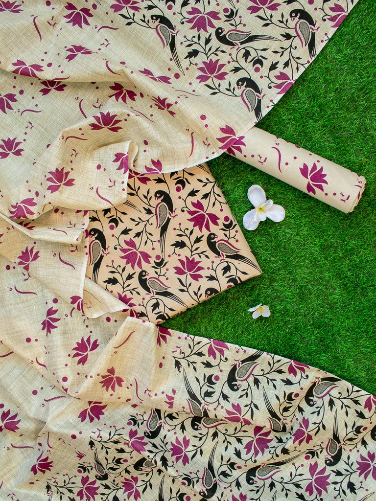 Banarasi Soft Cotton Printed Bhagalpuri Salwar Kameez-Off White & Pink