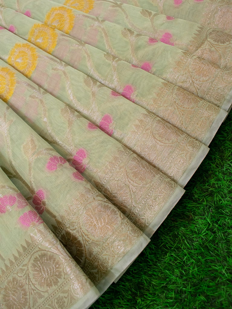 Banarasi Cotton Silk Resham & Zari Multi Coloured Jaal Weaving Saree-Green