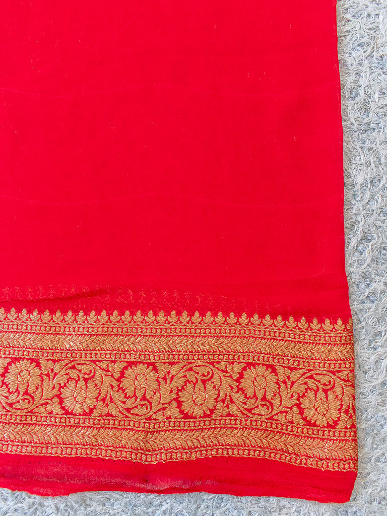 Banarasi Pure Georgette Saree With  Antique Zari Buti Weaving-Red