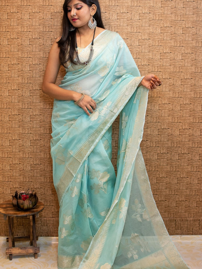 Banarasi Cotton Silk Silver Zari Floral Weaving Saree-Sky Blue