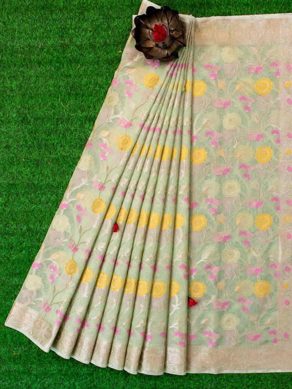 Banarasi Cotton Silk Resham & Zari Multi Coloured Jaal Weaving Saree-Green