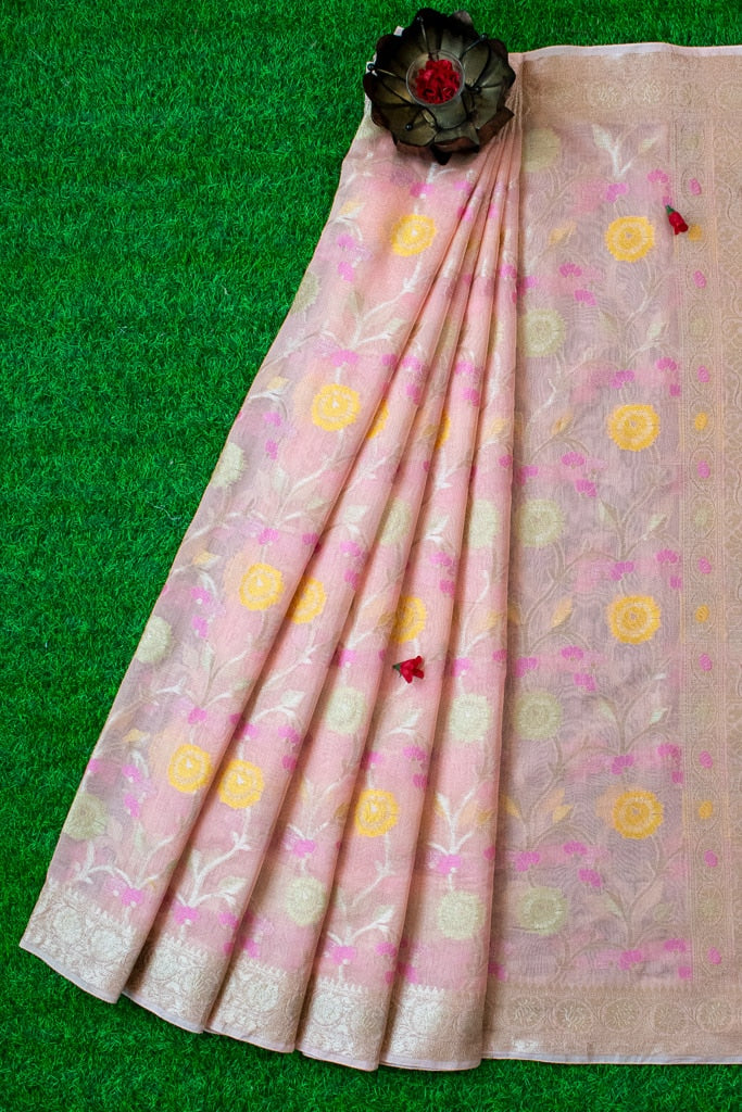 Banarasi Cotton Silk Resham & Zari Multi Coloured Jaal Weaving Saree-Pink