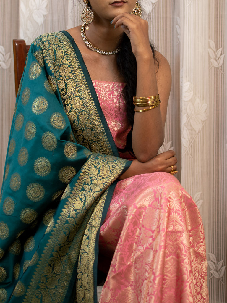 Banarasi Semi Silk Zari Weaving Salwar Kameez Material With Contrast Dupatta-Pink