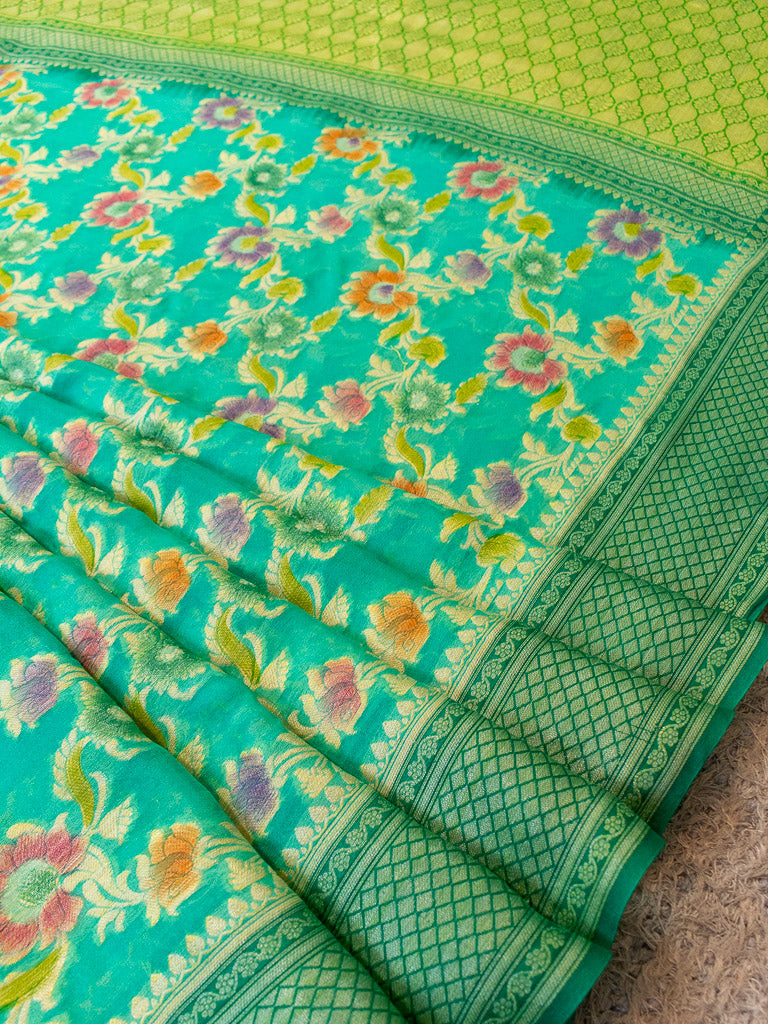 Banarasi Pure Khaddi Handpainted Jaal Georgette Saree-Sea Green