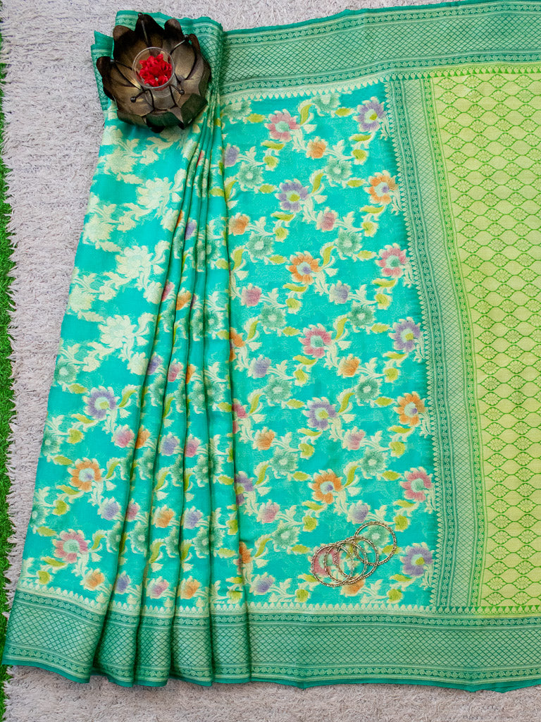 Banarasi Pure Khaddi Handpainted Jaal Georgette Saree-Sea Green