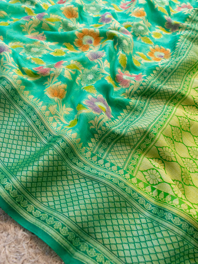 Banarasi Pure Khaddi Handpainted Jaal Georgette Saree-Sea Green