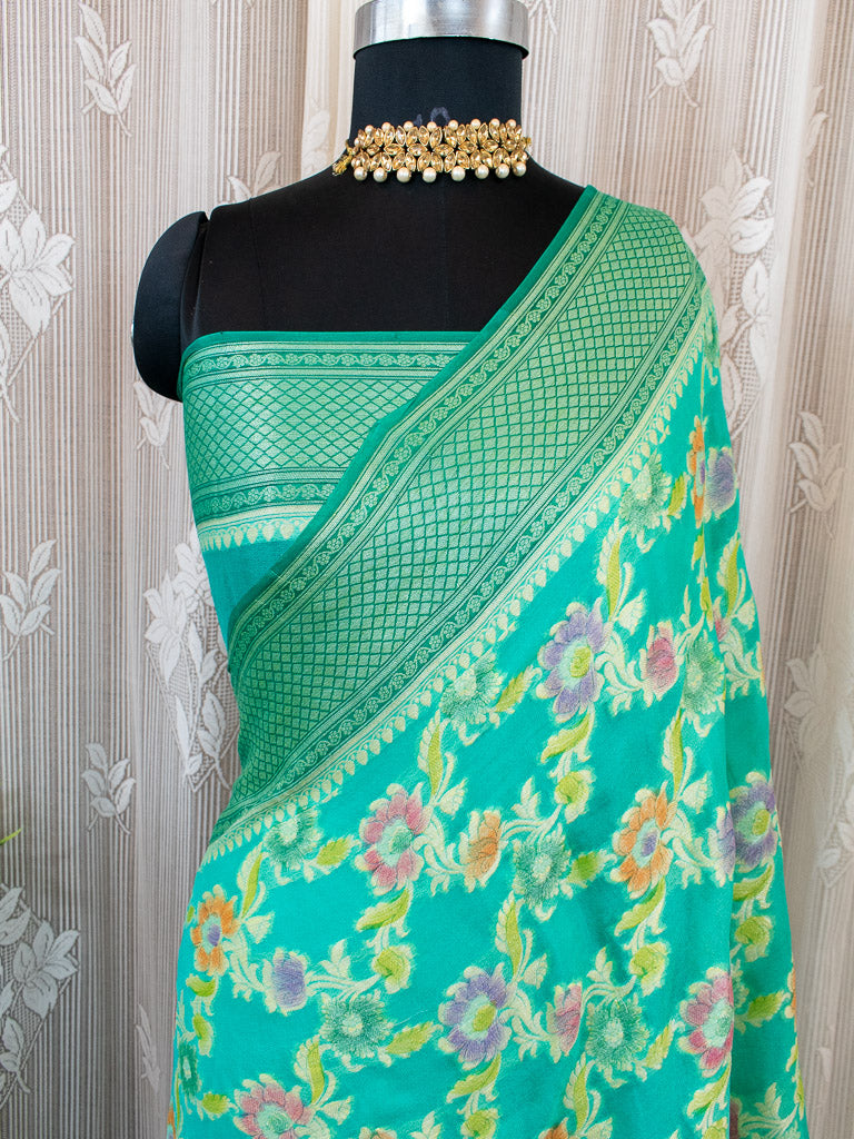 Banarasi Pure Khaddi Handpainted Jaal Georgette Saree-Sea Green