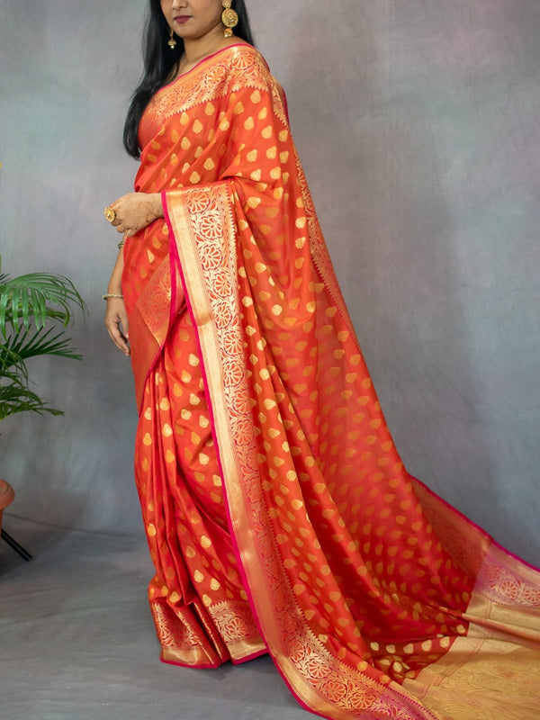 Banarasi Semi Silk Saree With Contrast Zari Buti Weaving Border-Orange