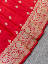 Banarasi Pure Katan Silk Saree With Zari Buti Weaving & Border-Red