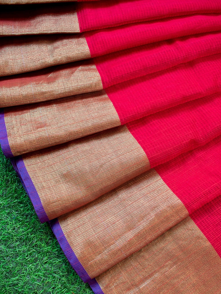 Banarasi Cotton Silk Saree Plain Body With Antique Zari Border -Red