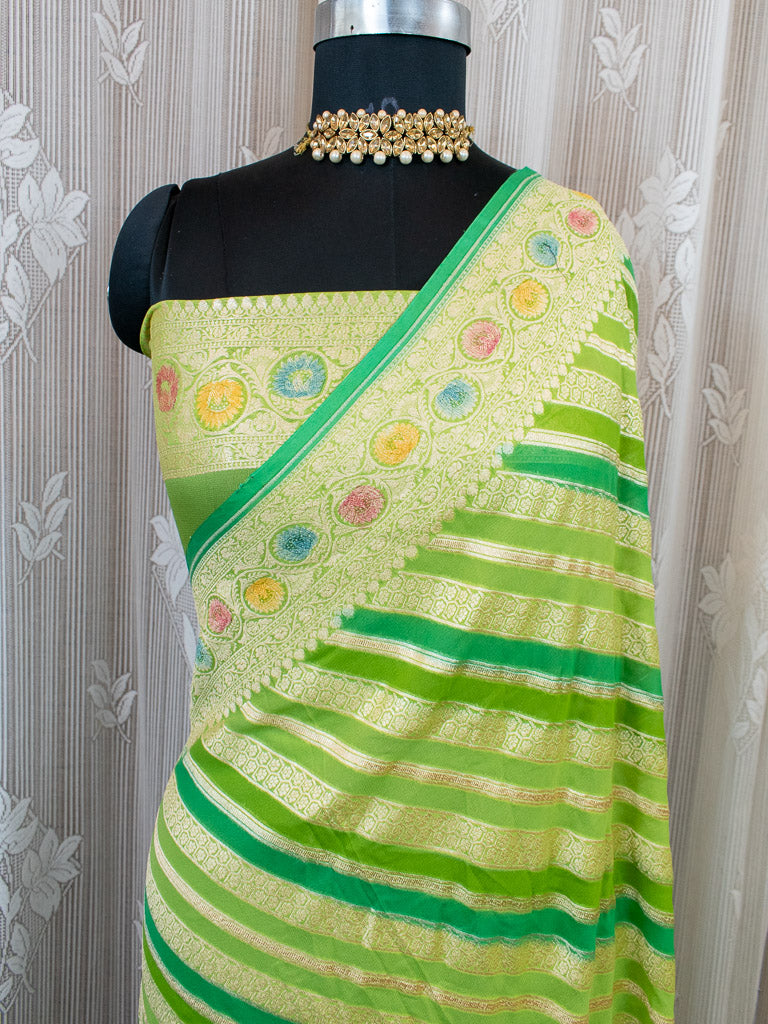 Banarasi Pure Khaddi Georgette Saree With Aada  Zari Weaving & Handpainted Border-Green