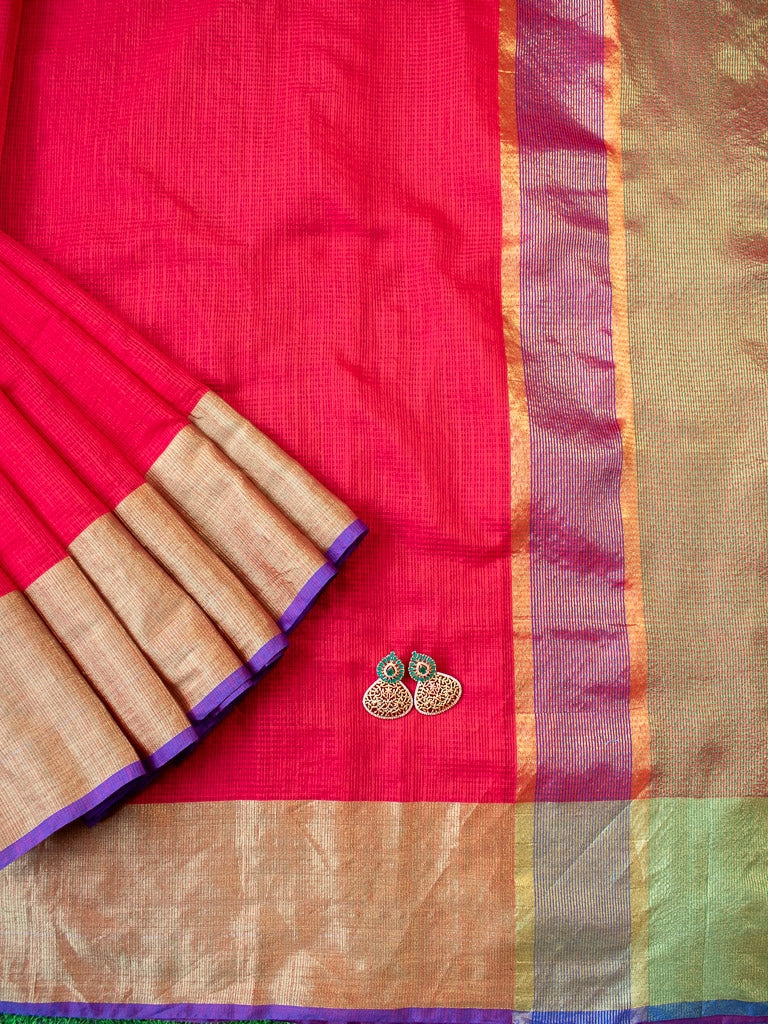 Banarasi Cotton Silk Saree Plain Body With Antique Zari Border -Red