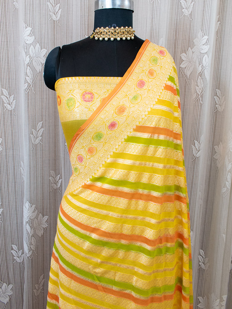Banarasi Pure Khaddi Georgette Saree With Aada  Zari Weaving & Handpainted Border-Yellow