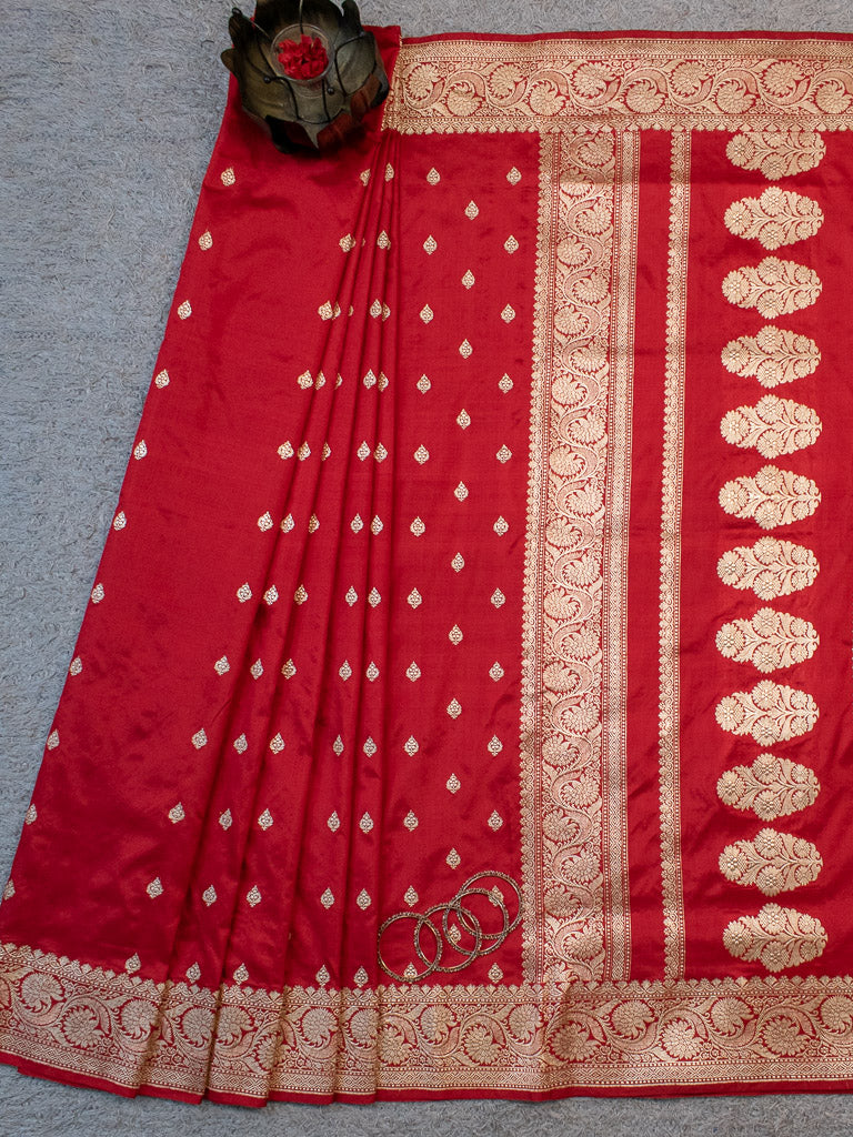 Banarasi Pure Katan Silk Saree With Zari Buti Weaving & Border-Red