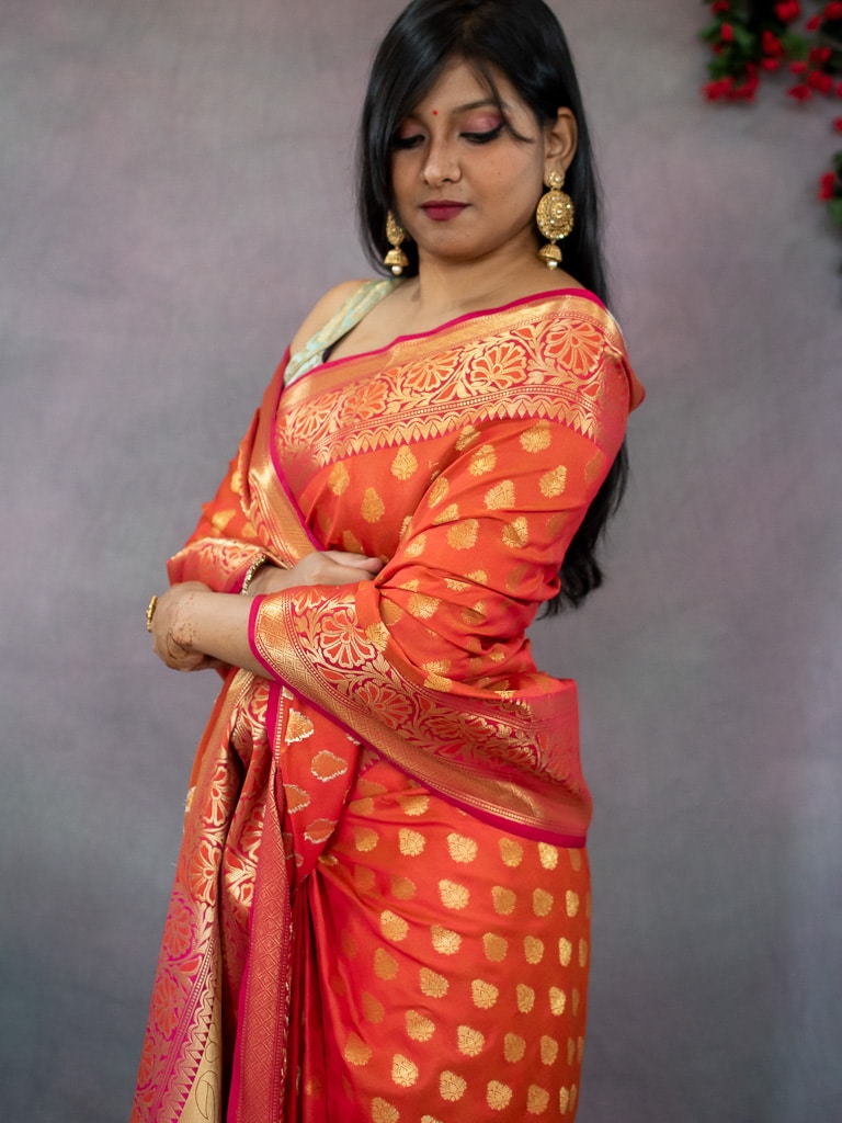 Banarasi Semi Silk Saree With Contrast Zari Buti Weaving Border-Orange