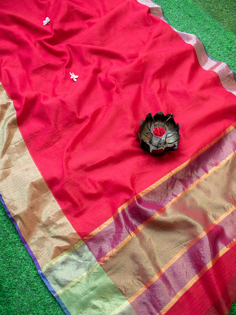 Banarasi Cotton Silk Saree Plain Body With Antique Zari Border -Red