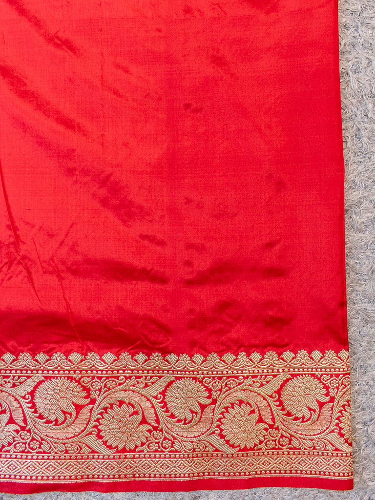 Banarasi Pure Katan Silk Saree With Zari Buti Weaving & Border-Red