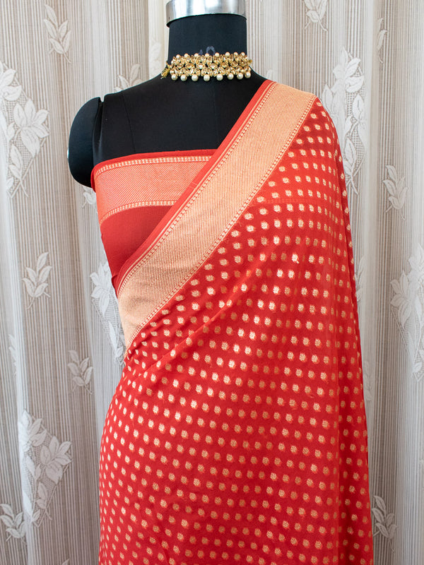 Banarasi Pure Khaddi Georgette Saree With Meenakari Border-Bright Red